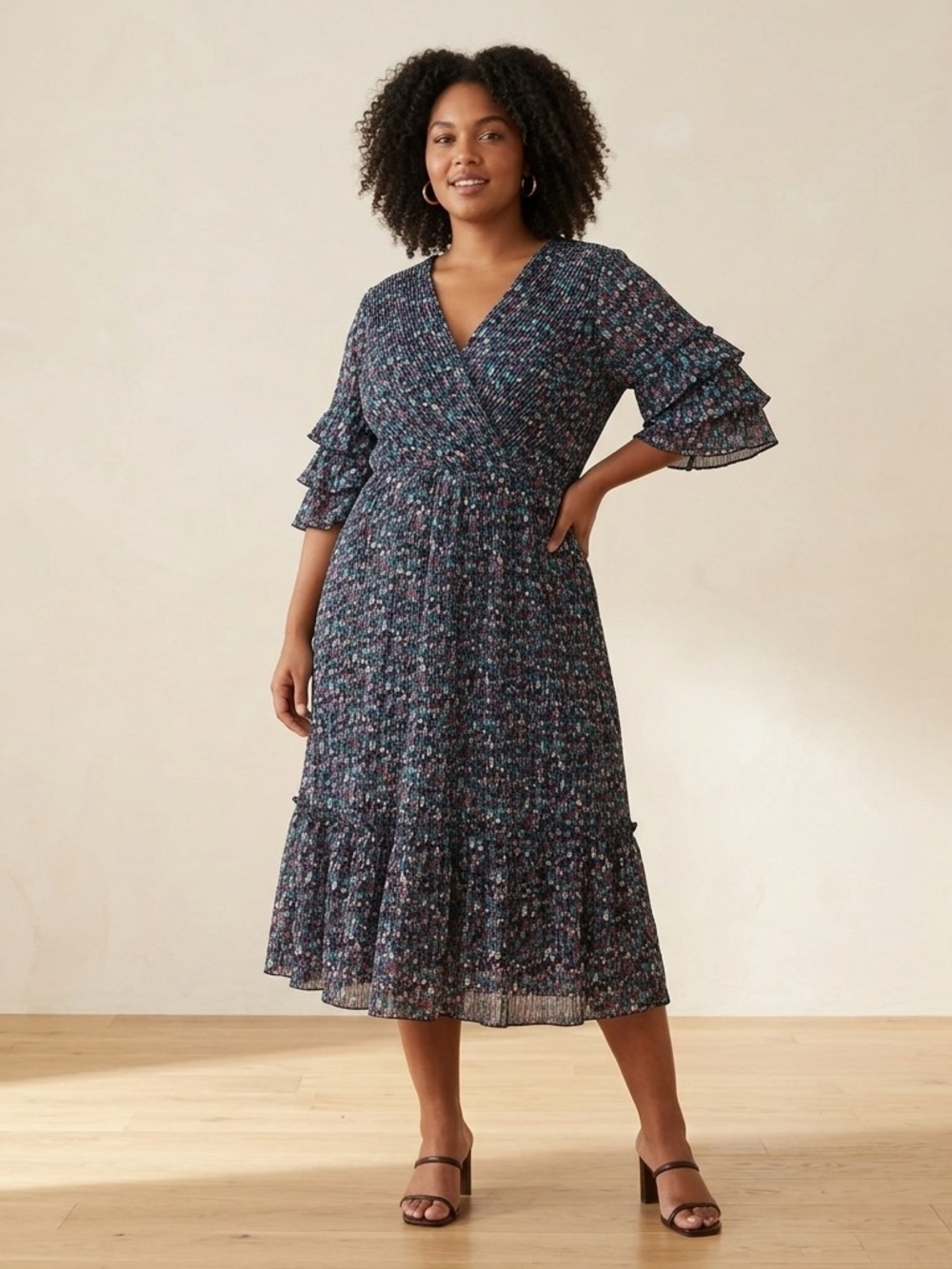 Maison Tara Black Multicolored Puff Sleeve Tiered Midi Dress Flowy Women’s 2XL